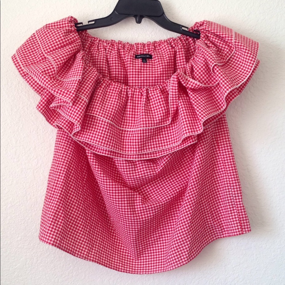 Who What Wear Pink Gingham Ruffle Off-Shoulder Top
